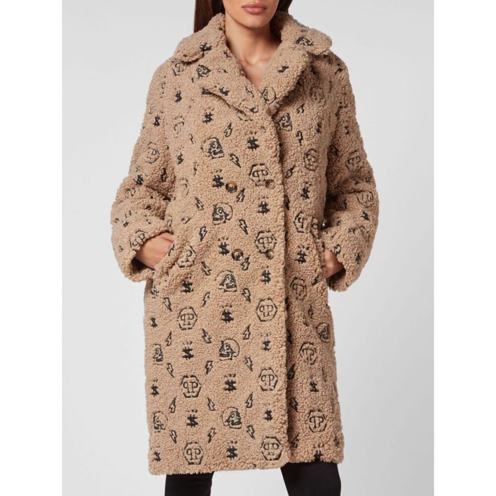 Philipp Plein Double-Breasted Faux Fur Coat With Hexagon Logo